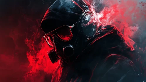 Smoldering gas mask hero stands within swirling red smoke