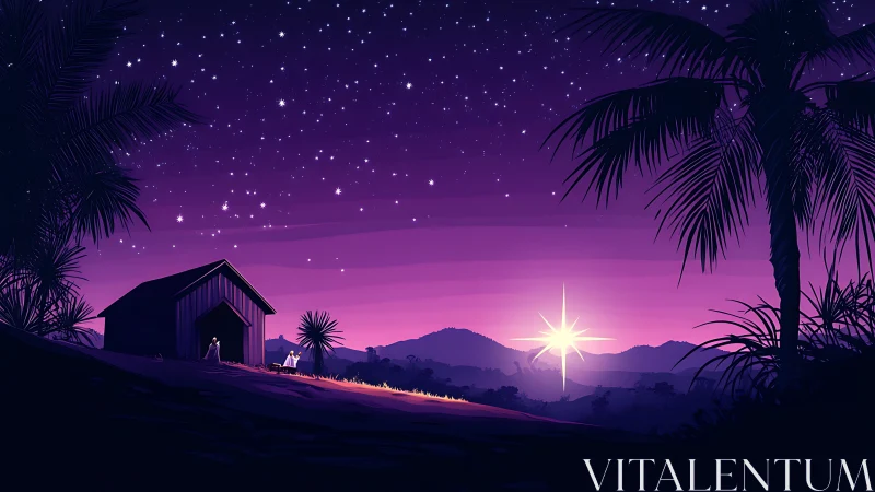 Starlit nativity hillside under violet dawn and guiding star.