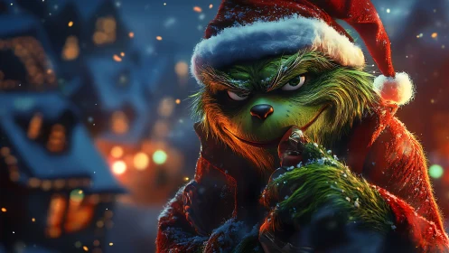 Mischievous green creature plots under cozy winter lights
