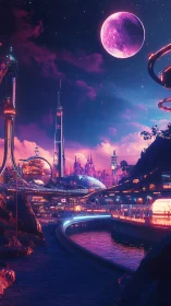 Neon magenta exoplanet cityscape renders luminous orbital forms