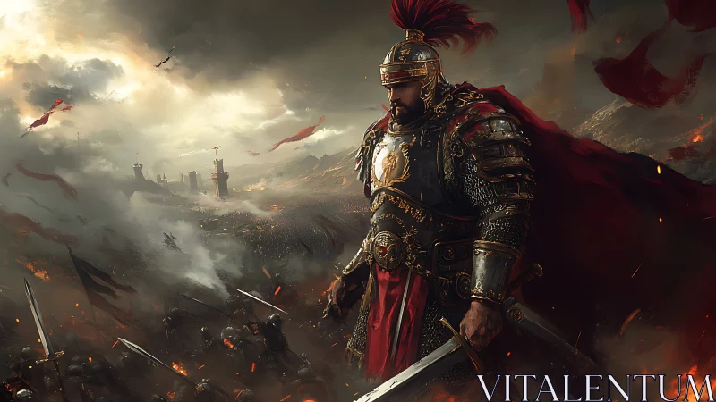 Storm-lit warlord pauses as shattered kingdoms burn below