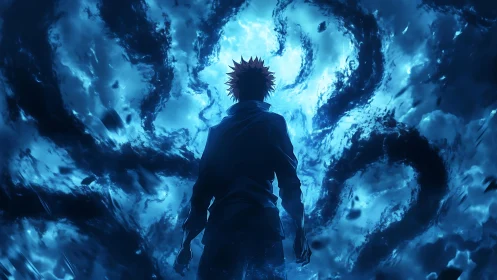 Backlit anime figure facing turbulent blue energy vortex