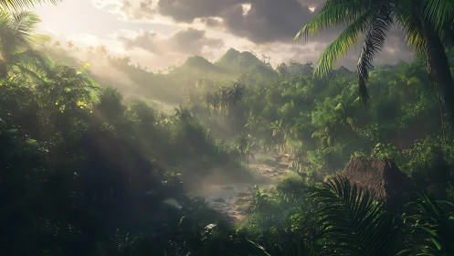 Mist-veiled jungle river winds through dense tropical canopy.
