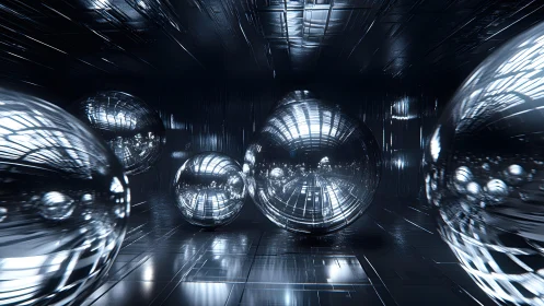 Glowing chrome spheres drift through a futuristic corridor.