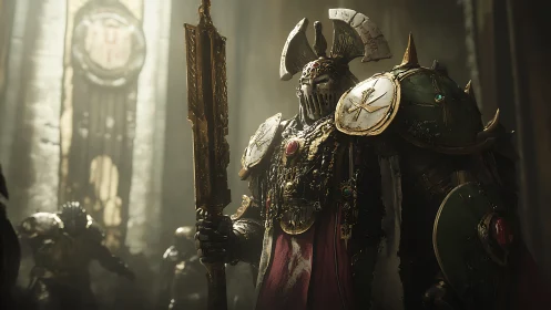 Baroque armored warlord in cathedral light with gold staff.