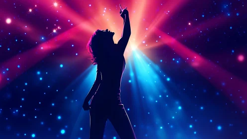 Silhouette of performer under colored stage spotlights.