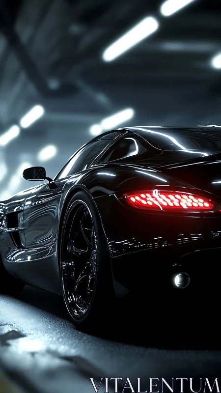 Low-angle render of black supercar with glossy reflections and LEDs