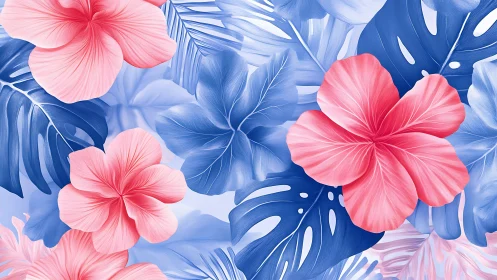 Pink Hibiscus Blooms Among Blue Tropical Foliage Composition