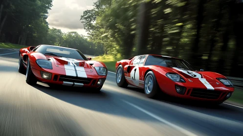 Twin scarlet racers carve light through a forest highway.