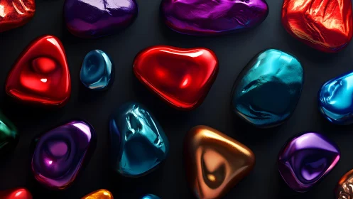 Chromed abstract pebbles on black minimal backdrop.