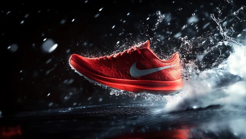 Red Nike running shoe suspended in water splash motion
