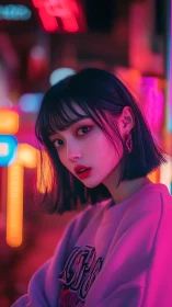 Young woman in neon city lighting looks toward camera