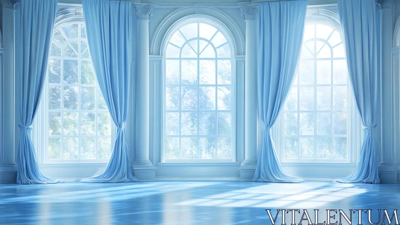 Sunlit neoclassical hall with arched windows and blue drapery