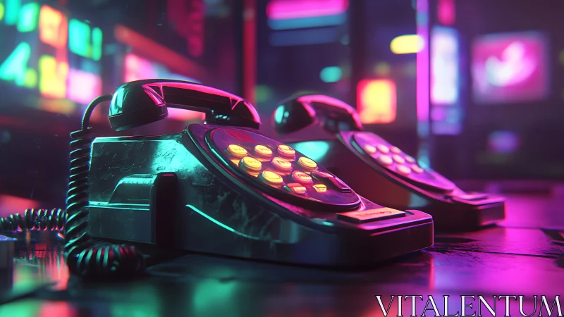 Retro desk telephones under neon city lights at night scene.