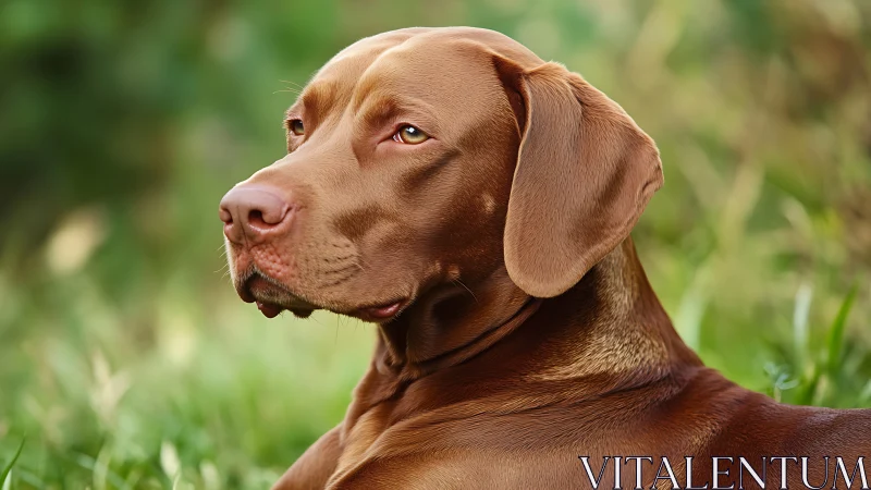 Photorealistic canine portrait in shallow-depth outdoor setting.