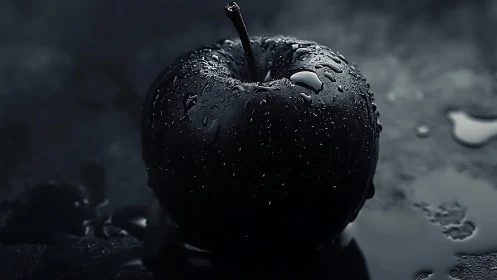 Low-key macro capture of water-beaded black apple surface.