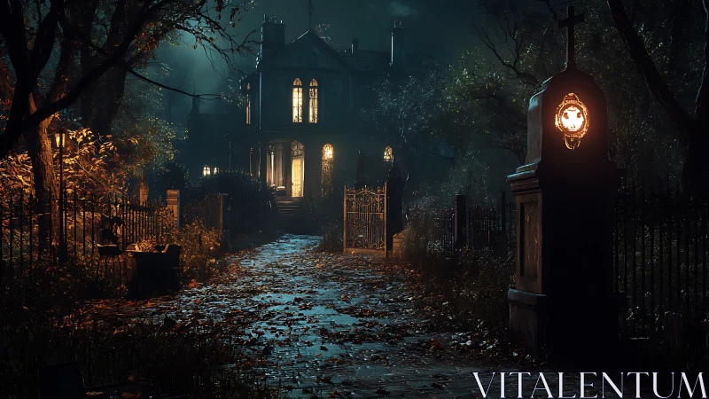 Haunted manor path under moonlit fog and flickering lanterns.