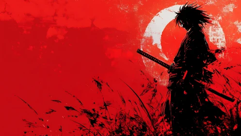 Lone samurai silhouette before distressed crimson sun.