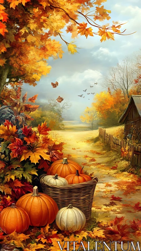 Autumn rural path with pumpkins, foliage, and distant sky.