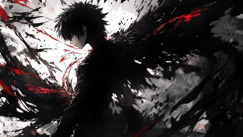 Shadowed anime figure with dynamic black and crimson wings.