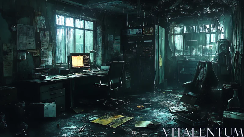Abandoned flooded computer workstation inside dark server room