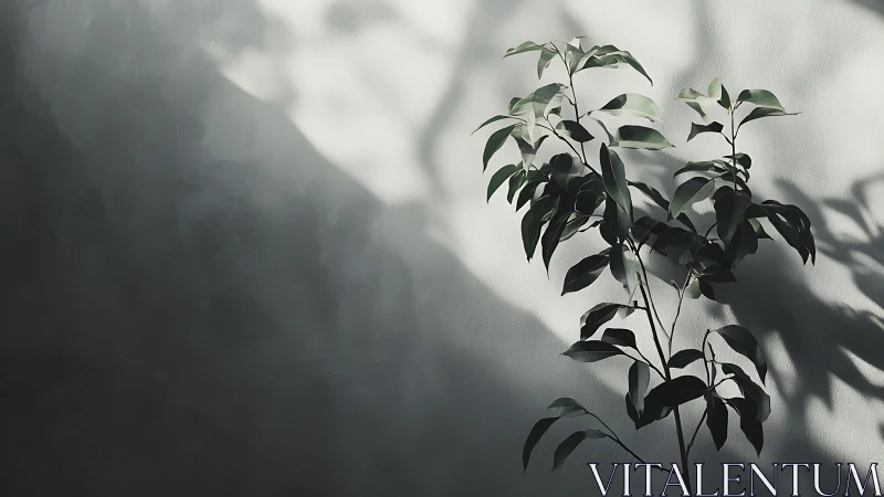 Minimalist plant with dramatic shadows against textured wall.