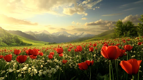 Sunlit tulip valley opens toward distant snow-capped peaks.