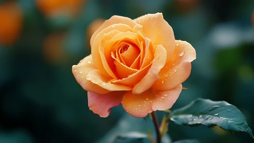 Orange rose bloom with water droplets on green foliage background.