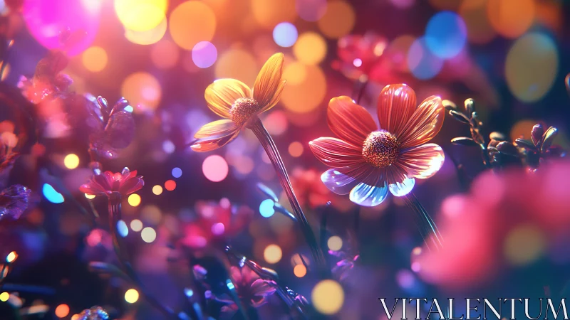 Luminescent Composite Flowers with Bokeh Depth of Field and Chromatic Lighting