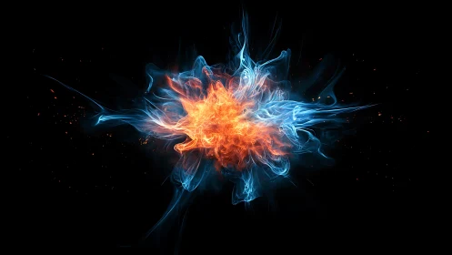 Glowing fire and ice energy swirl in a dramatic night sky.