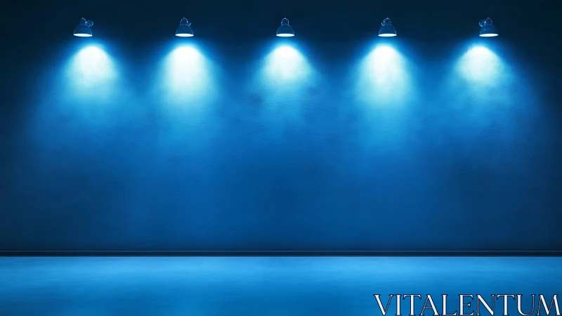 Blue interior wall is illuminated by five aligned spotlights