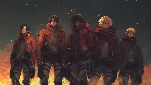 Stormlit squad of weary heroes marching through ember dusk.