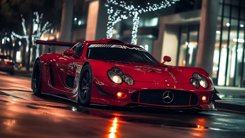 Midnight red Mercedes race car glows under city lights