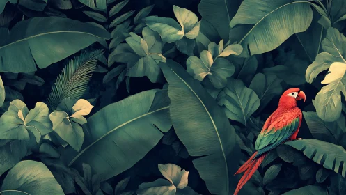 Scarlet macaw sits among dense stylized jungle foliage