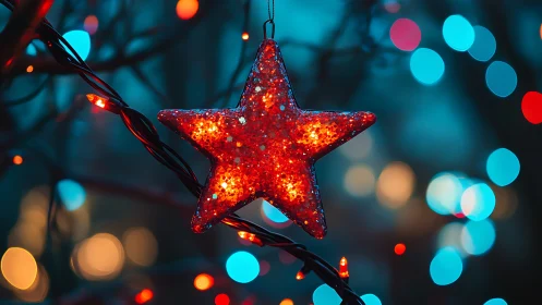 Red glitter star ornament with colorful holiday lights.
