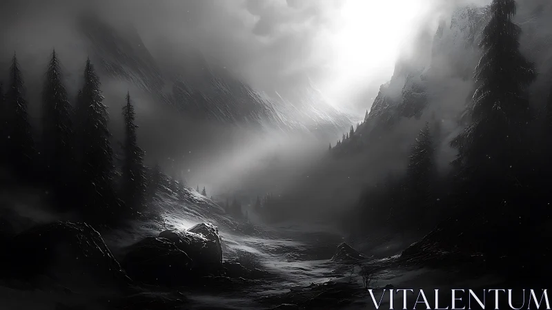 Gentle light breaking through a quiet, misty mountain pass.