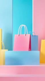 Pastel shopping bags stand on geometric display blocks