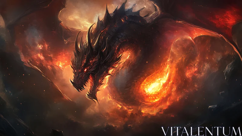 Molten fire dragon coils through a storm of blazing embers.