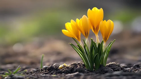 Golden Crocus Flowers Emerging from Earth with Green Foliage