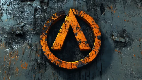 Weathered orange emblem on distressed metallic surface.