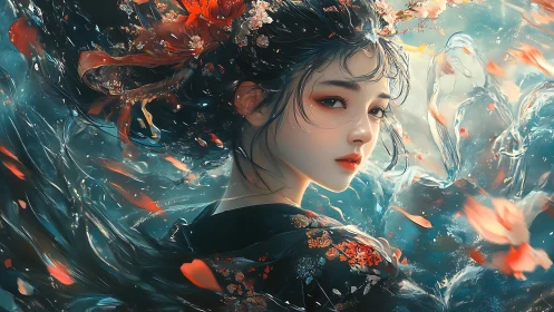 Ethereal geisha portrait swirls through liquid petals. Period