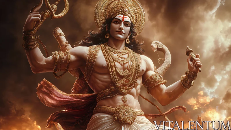 3D mythological warrior deity in dynamic celestial composition.