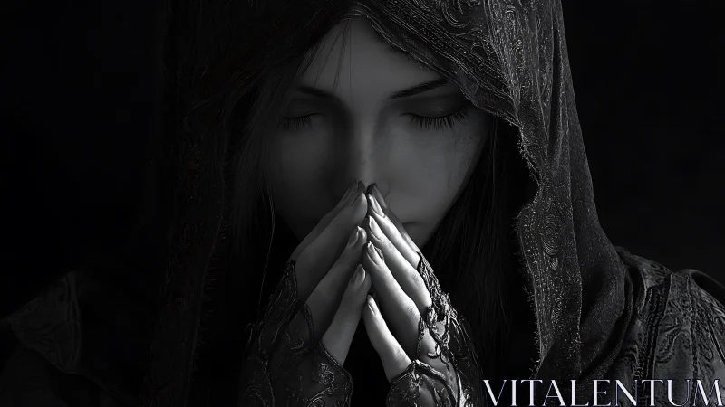Quietly praying woman in a dark, intricate hooded cloak.