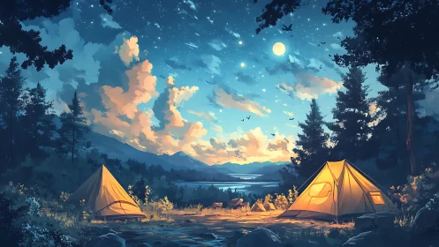 Moonlit forest campsite under glowing star-filled sky.