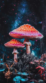 Star-dusted forest toadstools under a cosmic midnight sky.