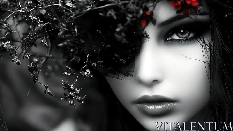 Mystic gaze beneath dark florals and quiet crimson sparks.