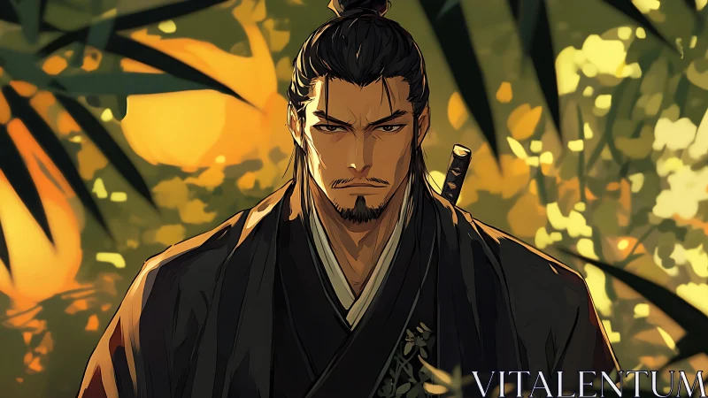 Stoic samurai warrior in sunlit bamboo grove portrait.