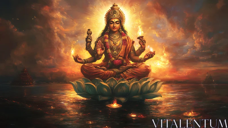 Radiant goddess in golden light seated on a lotus bloom.