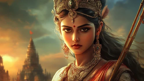 Highly detailed warrior goddess portrait with ornate regalia rendered