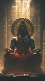 Seated deity figure in ornate golden shrine interior.